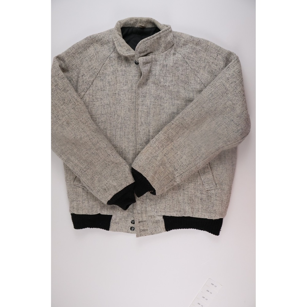 Vintage Mens Bomber Jacket Wool Blend Tweed Gray Salt Pepper M Long Excellent